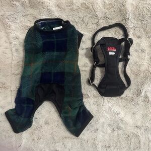 Plaid Dog Sweater and Black Harness